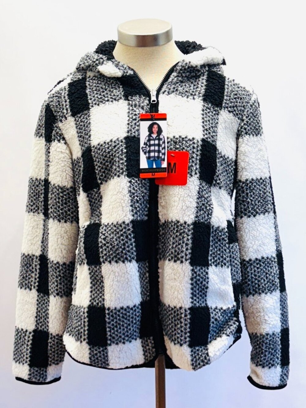 Weatherproof Women Reversible Plush Hooded Jacket Black/White Plaid Size Medium